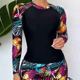 外贸印花长袖分体泳衣女抽绳保守防平角裤晒冲浪服潜水服沙滩泳装