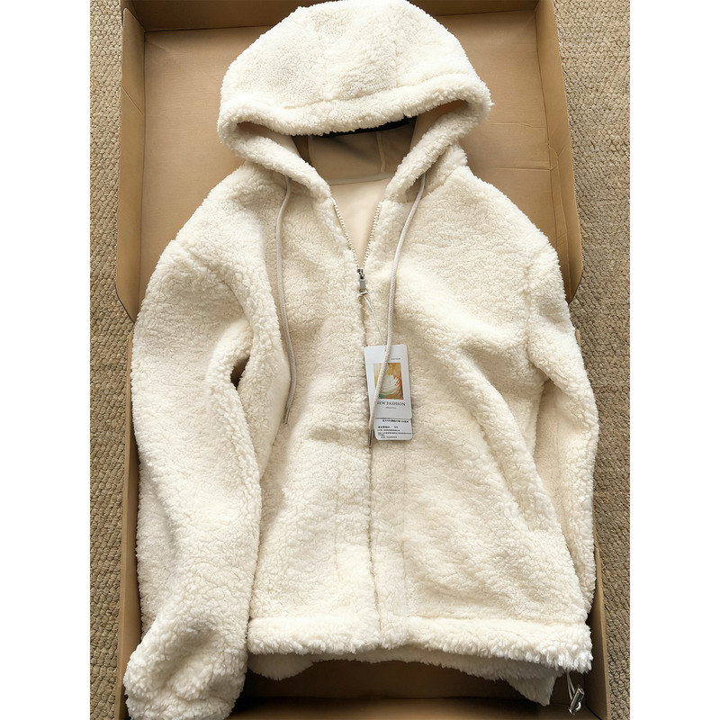 White Lamb Wool Coat for Women, Spring and Autumn Sweatshirt, Early Spring Plush Top, Early Spring Hooded Cotton Jacket, Thickened