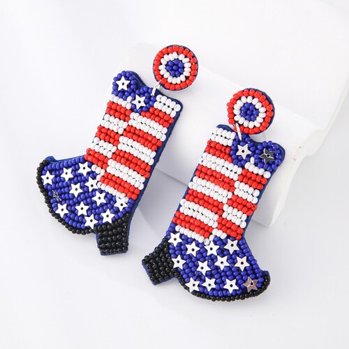 American Independence Day Fabric Bead Earrings with National Style, Handmade Heart-shaped Flag Sparkle Earrings, Wholesale