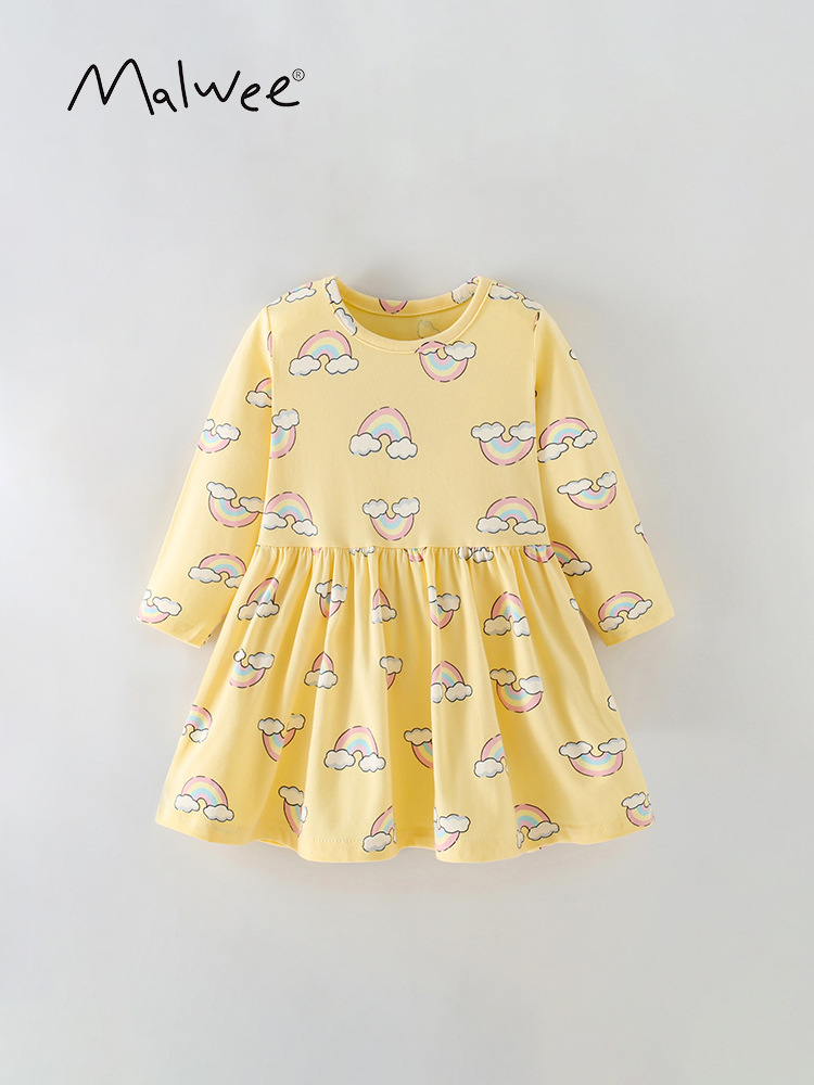 Malwee niñas vestido de princesa otoño nuevo cuello redondo impresión de aire extranjero vestido de mangas largas lindas falda infantil
