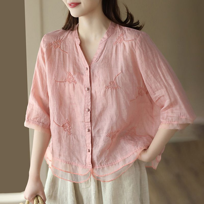 2025 New Retro Cotton and Linen Shirt Women's Artistic Cardigan Embroidered Shirt Elegant Splicing Design Slimming Top