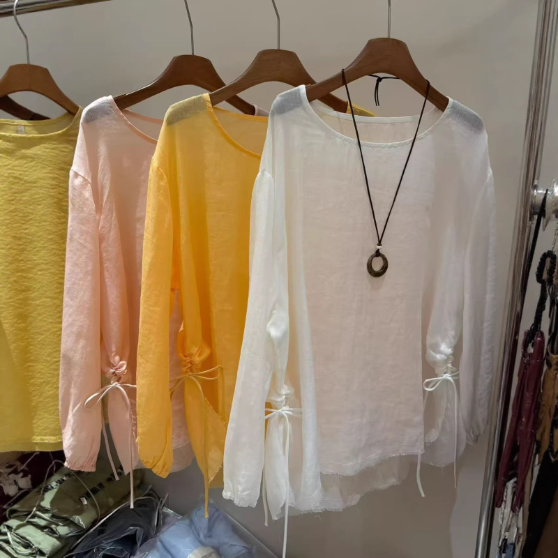 Round Neck Pullover Long-Sleeve Simple Ramie Women's Tie-Waist Thin Artistic Retro Style Top Solid Color Shirt