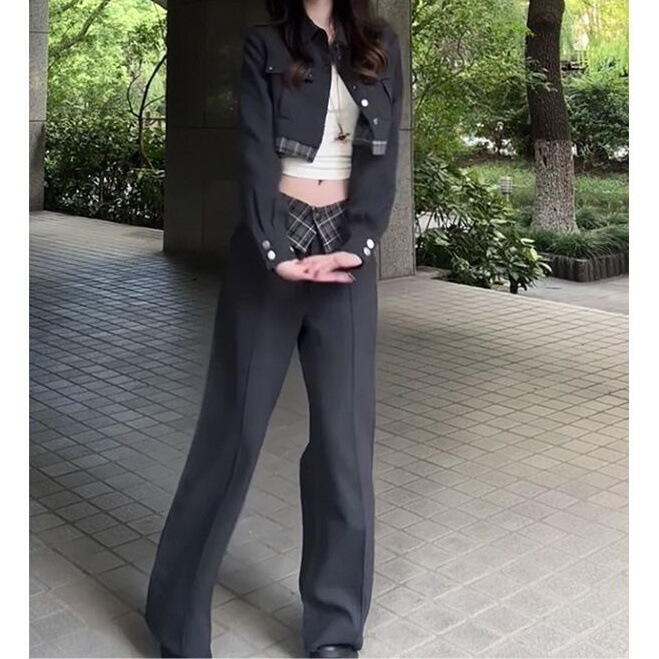 Dark Gray Plaid Patchwork Short Blazer Women's 2026 Spring New Straight-Leg Slightly Flared Suit Pants Set