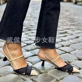 508尖头拼色镂空细高跟搭扣女鞋34-43大码鞋