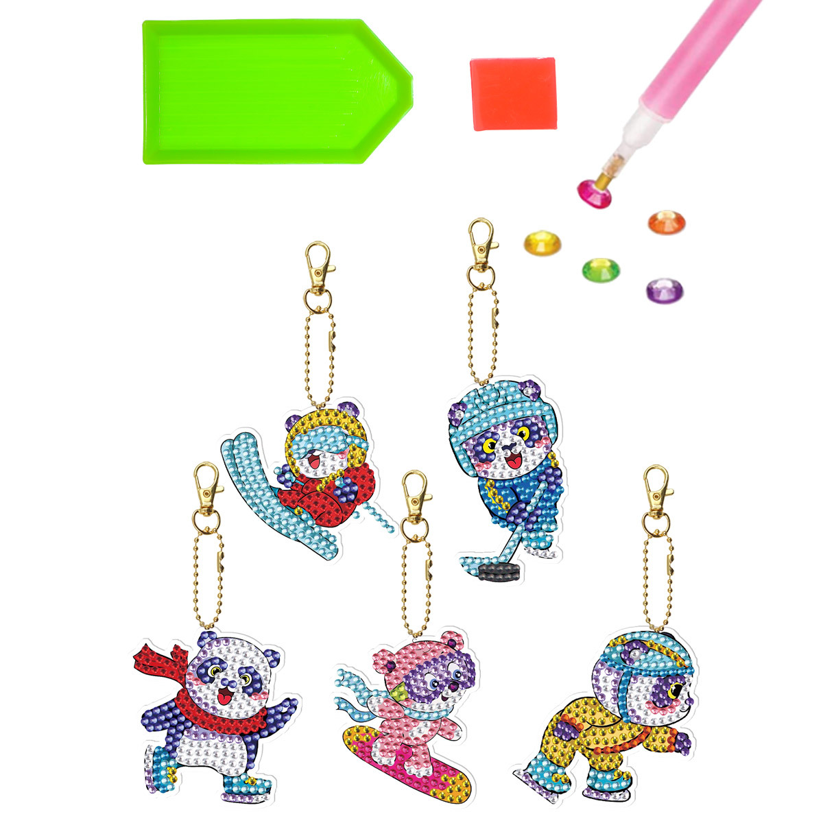 DIY diamante pintura llavero diamante brillante especial en forma de dibujos animados acrílico esquí Panda traje fábrica venta directa al por mayor