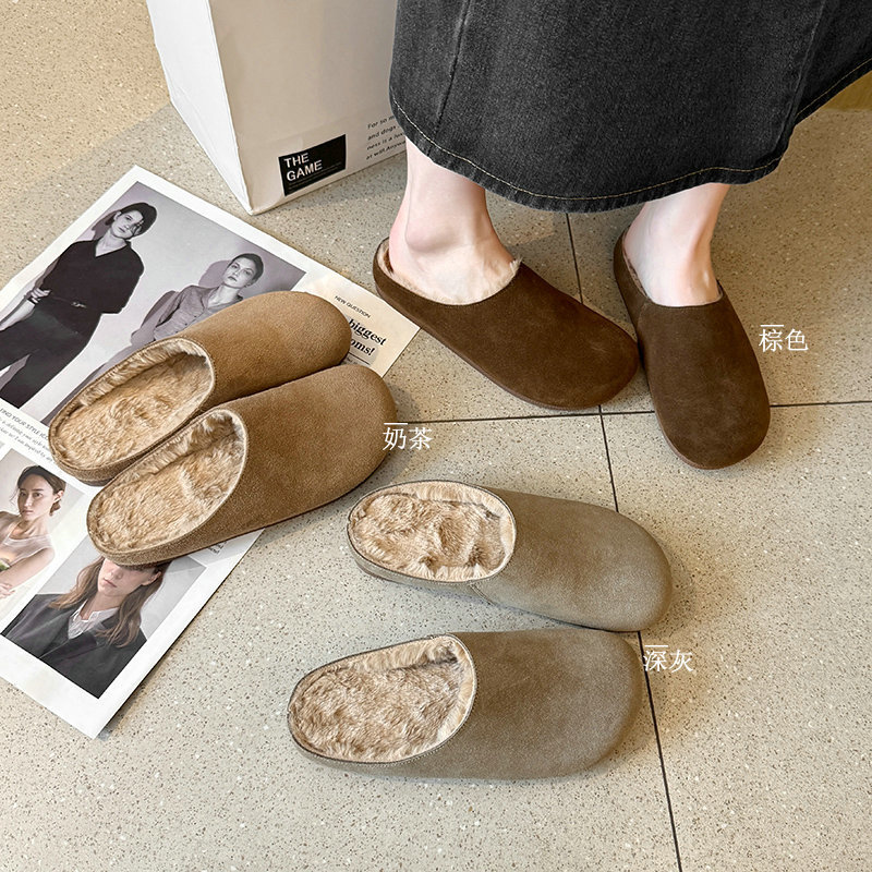 2002-10加毛勃肯鞋女复古懒人包头半拖鞋加肥宽脚穆勒鞋大码棉鞋