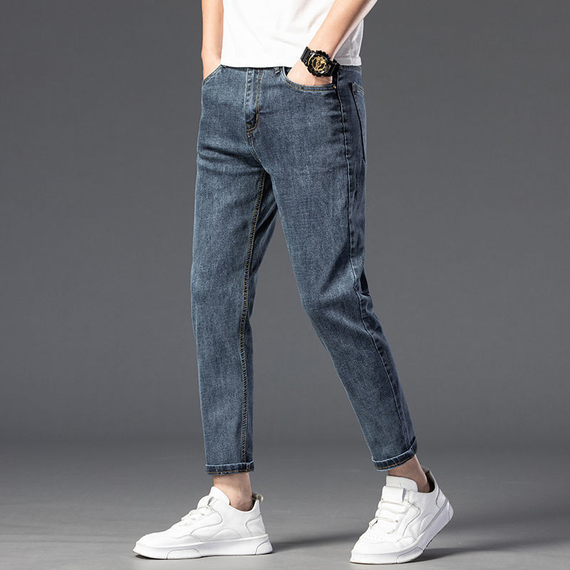 High end jeans for men's summer thin, loose, straight leg elastic slim fit Harlan cropped pants_voghion.com