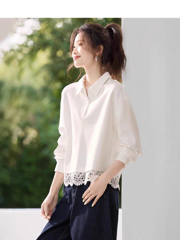 哥家商场同款女装2025秋季新款蕾丝拼接百搭通勤透气翻领卫衣|undefined