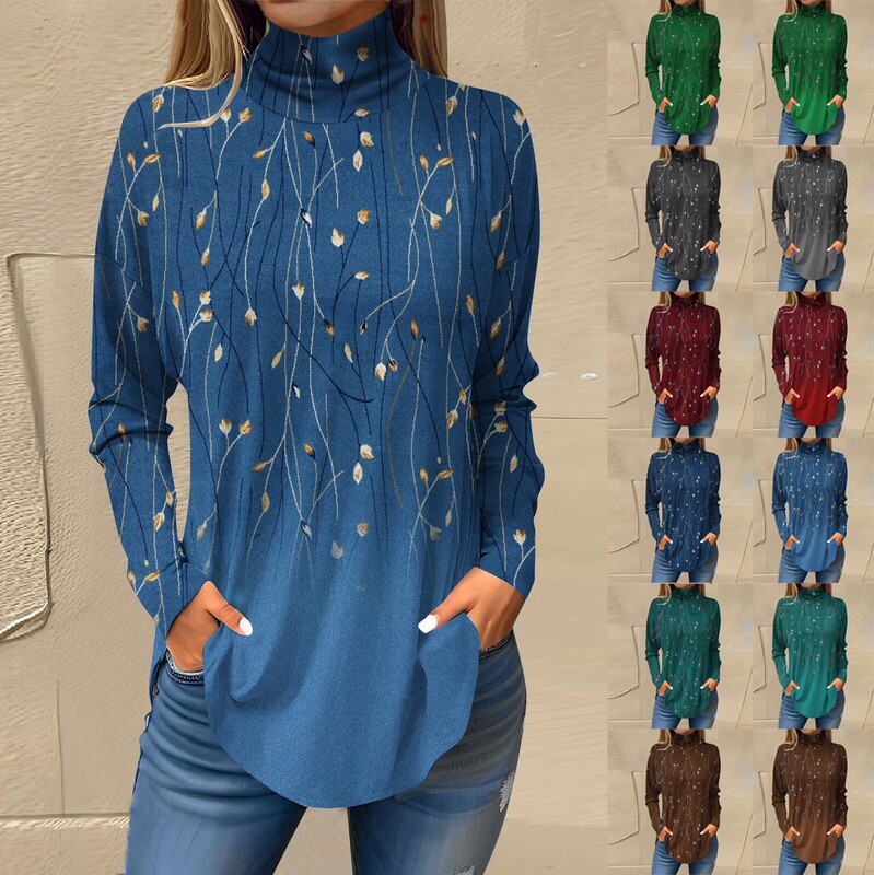 European and American Cross-Border 2025 New Autum Women's Loose High-Neck Long-Sleeved T-Shirt Tops Pullovers