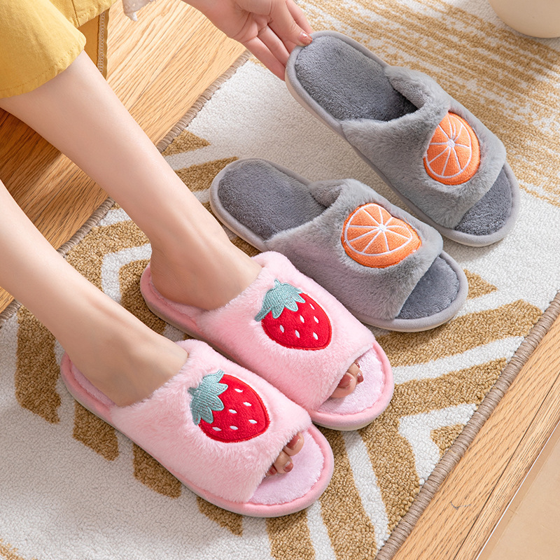 Furry open toe embroidered Strawberry Watermelon Fruit Women's Home wooden floor imitation rabbit fur cross-border foreign trade slippers Furry open toe embroidered Strawberry Watermelon Fruit Women's Home wooden floor imitation rabbit fur cross-border foreign trade slippers