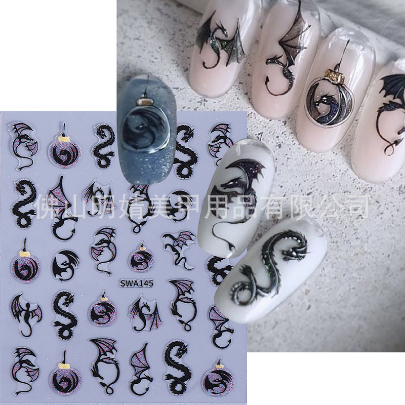 New Halloween Cross-Border Nail Art Stickers Ins Flash Silver Black Dragon Taming Dragon Crystal Ball Devil Adhesive Nail Stickers