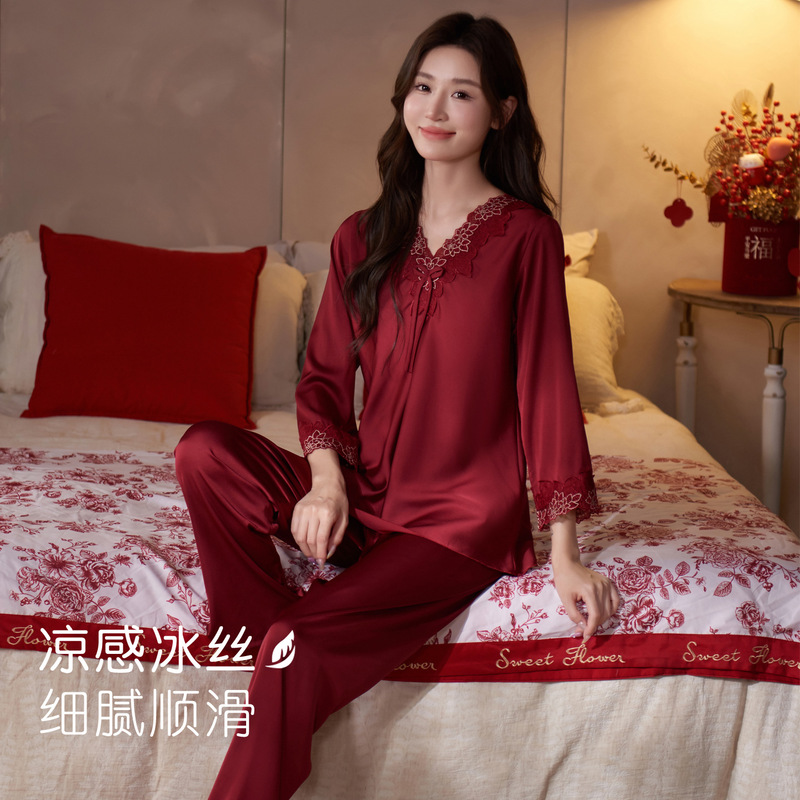 Pajamas for Women Spring and Summer Cool Ice Silk Bride Red Wedding Animal Year Three-Quarter Sleeve Lace Suit Home Clothes
