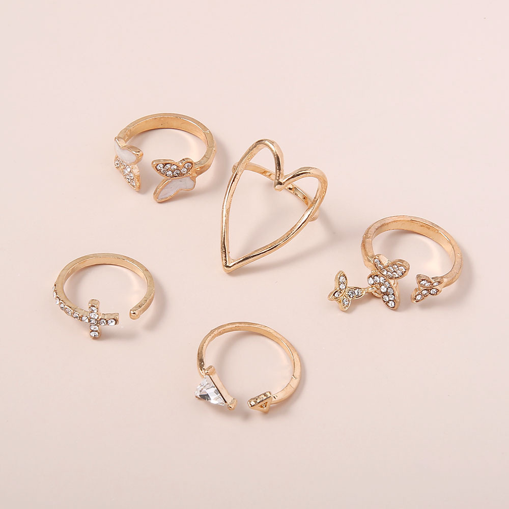 Simple Cross Heart Hollow Diamond Butterfly 5-piece Ring Set display picture 2