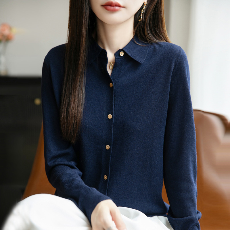 POLO领精纺羊毛针织开衫女秋冬新款衬衣领叠穿翻领打底衫上衣批发|undefined