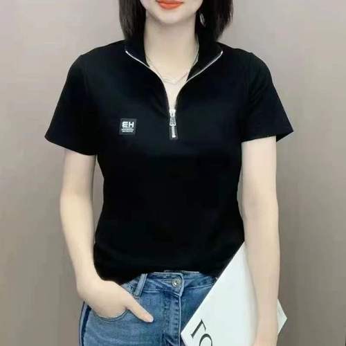 Summer Short Sleeve T-Shirt Fashion Women Stand Collar Sports Base Shirt Striped Casual Top Women