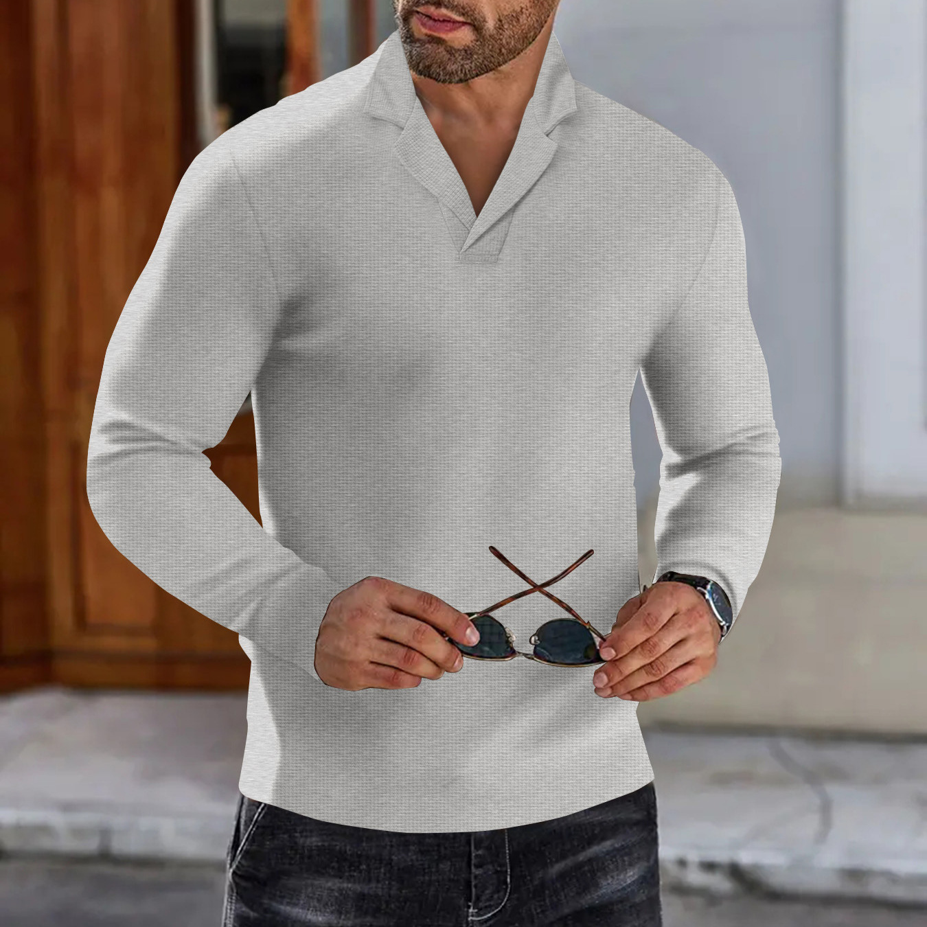 Polo da uomo a maglia waffle con revers a tacca – Maglia a maniche lunghe casual elegante per ufficio e tempo libero (bianco/grigio/nero/kaki/blu, taglie S-XXXL)_voghion.com