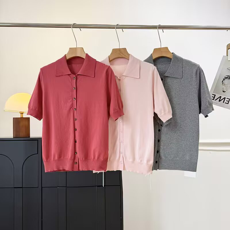 Taop&Za Cross-Border Women's Clothing Summer New Minimalist Style Lapel Single-Breasted Commuter Short-Sleeved Knitwear T-Shirt