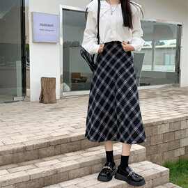 复古格子半身裙女春秋新款学院风高腰中长裙宽松显瘦A字大摆长裙