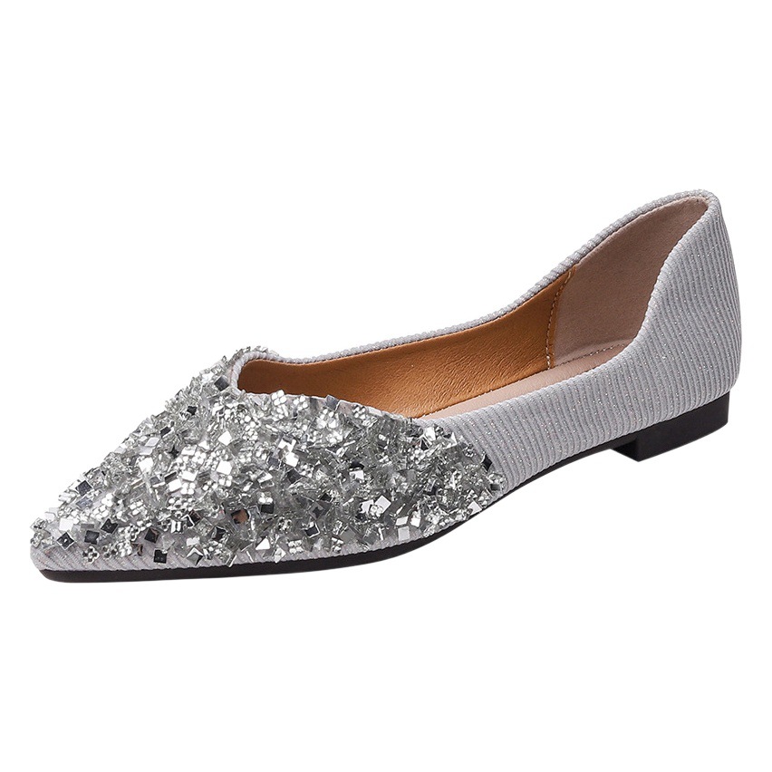 Zapatos de una sola capa de punta estrecha para mujeres 2023 Primavera y otoño nuevos zapatos planos de diamantes de imitación de boca baja zapatos de guisantes de fondo suave zapatos de mujer de talla grande 41-43