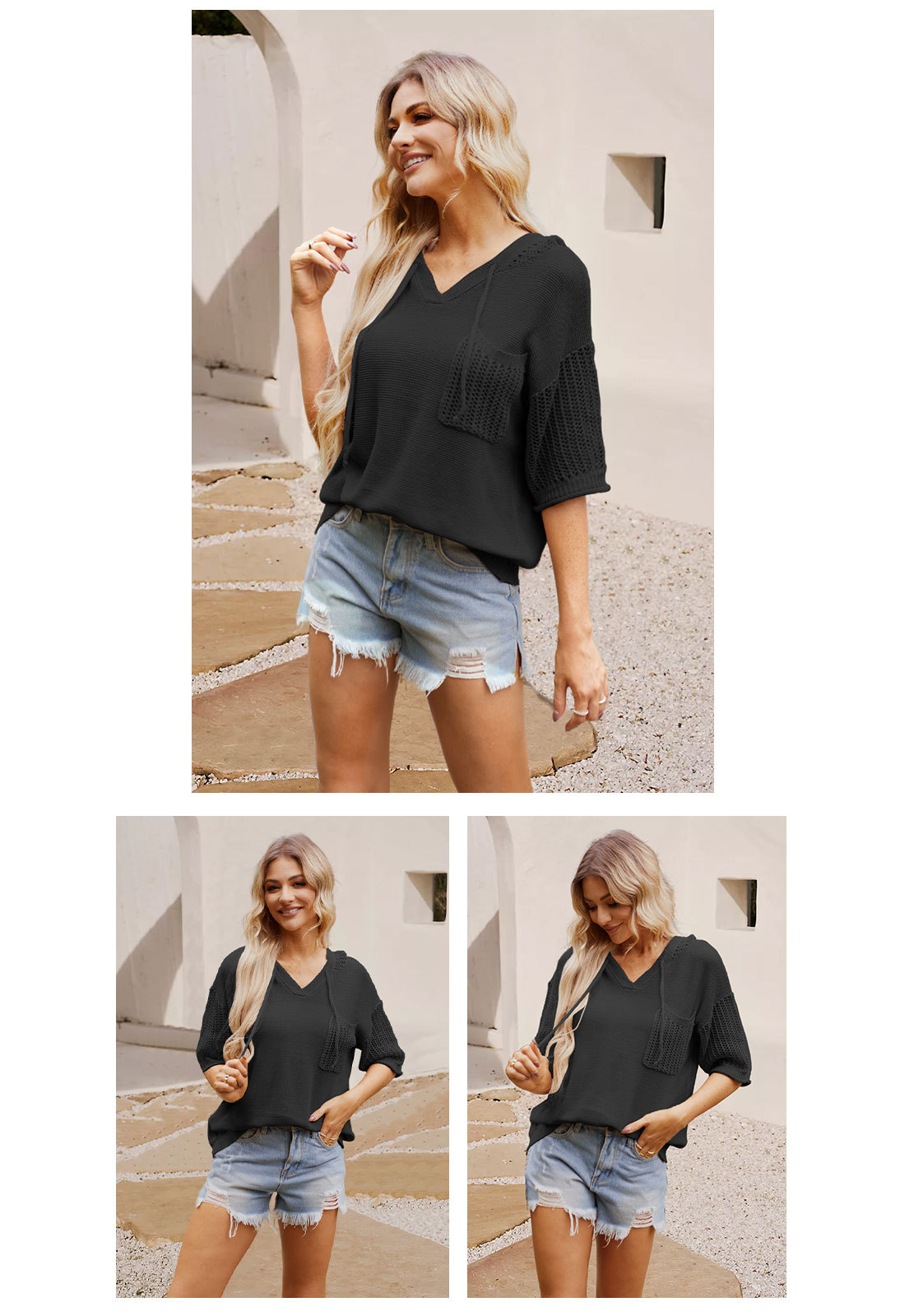 Sudadera con capucha mujer de punto cuello en v manga corta_voghion.com