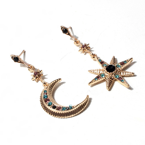 European and American Personality Alloy Diamond-embellished Star and Moon Asymmetric Earrings, Cross-border Fashion Simple Earrings for Women F17780