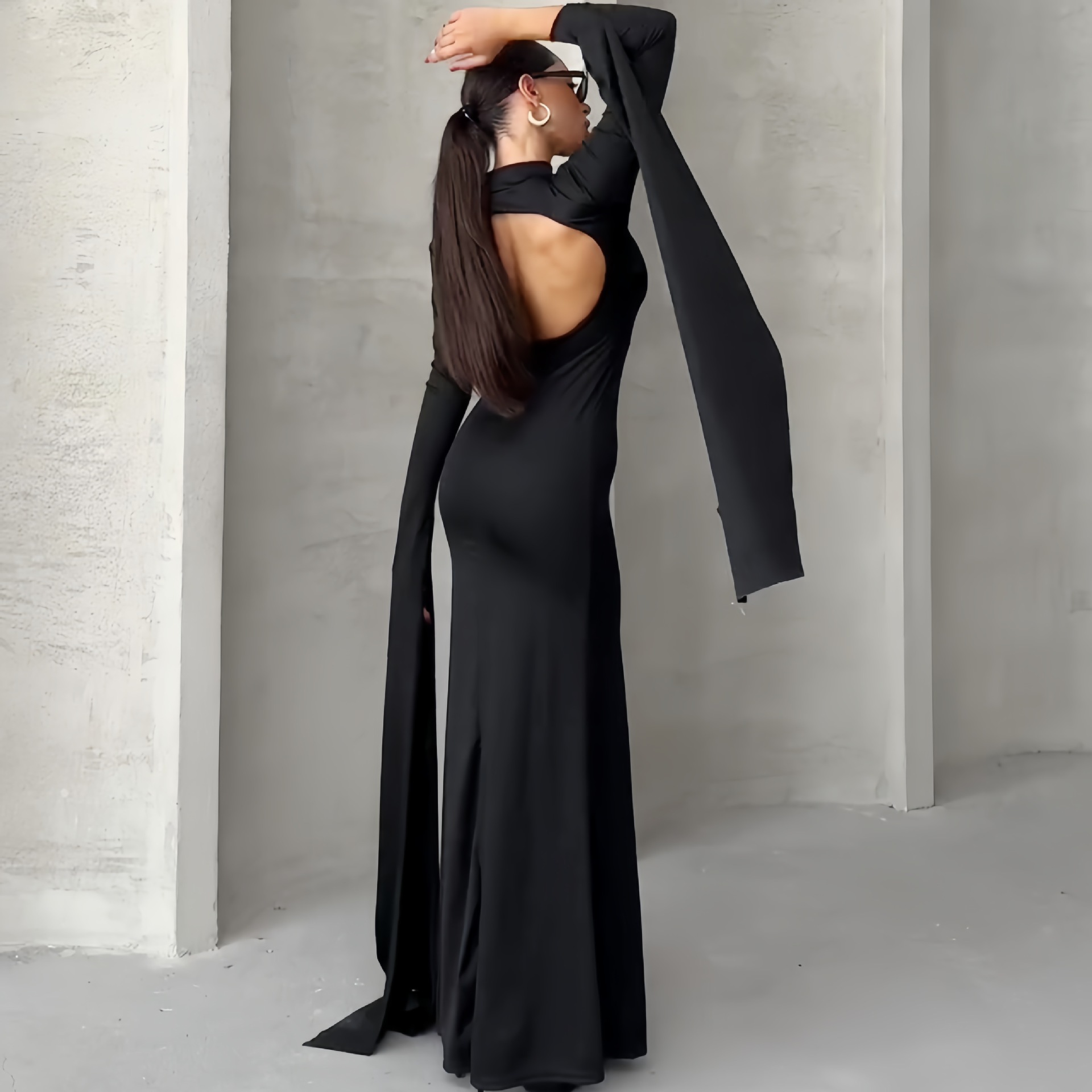 Women Clothing Autumn Personality Slim Fit Sexy Backless Half High Collar Long Sleeves Dress