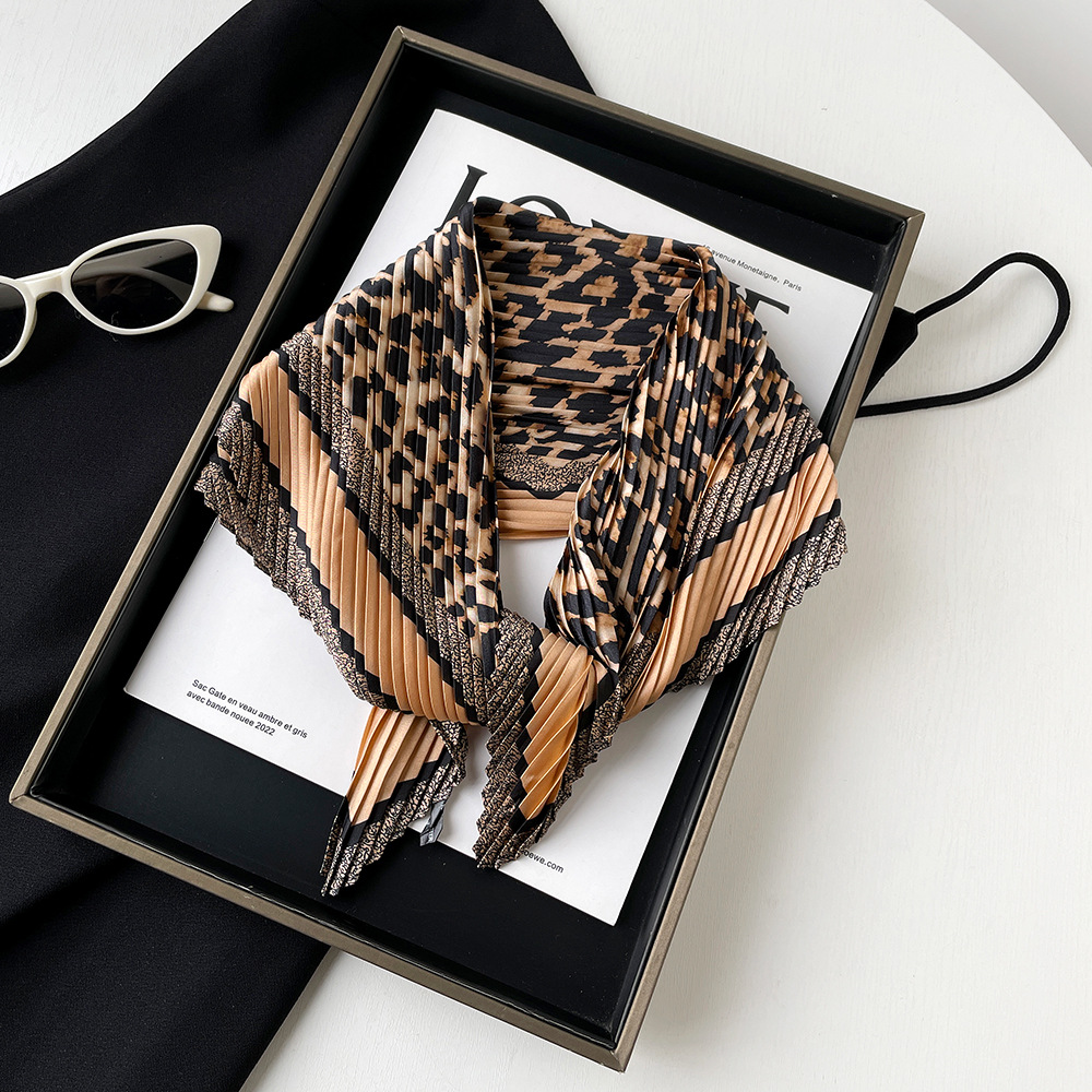 Women's Pleated Silk Scarf Leopard Print Satin Neckerchief Style_voghion.com