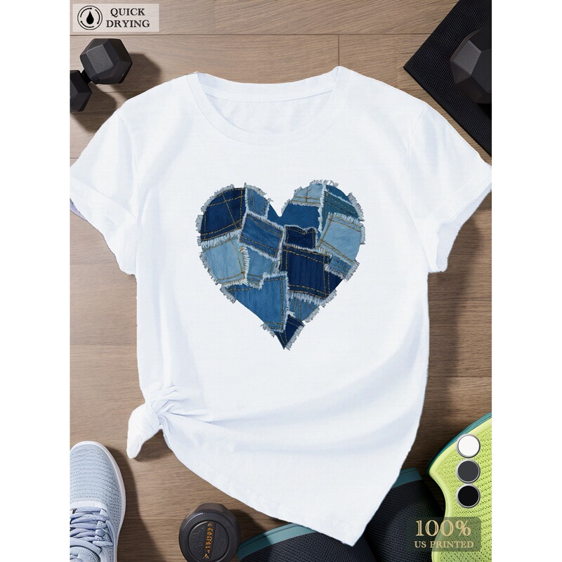 [European Size Cotton t] Women's Plus Size Sports Heart Shaped Distressed Denim Printed Short Sleeve T-Shirt, Summer Fashion Top