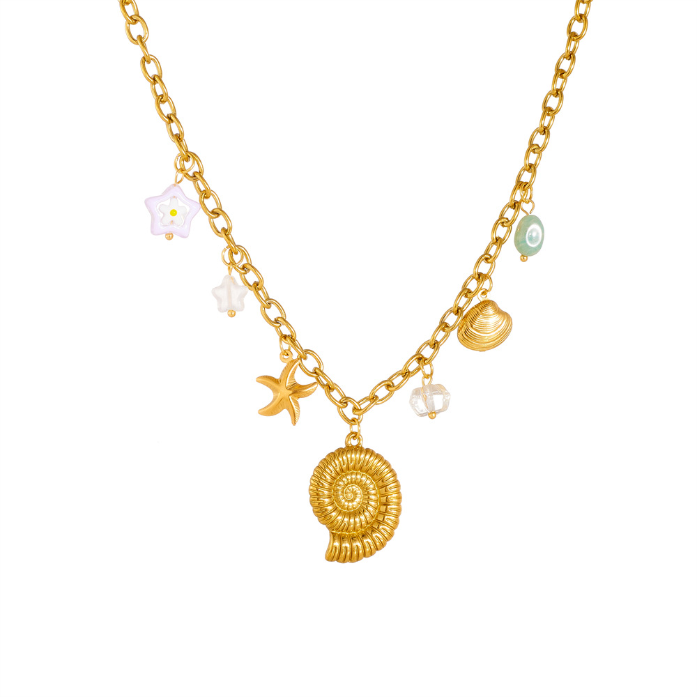 Cartoon Sea Life Gold Plated Conch Scallop Starfish charm stainless steel necklace