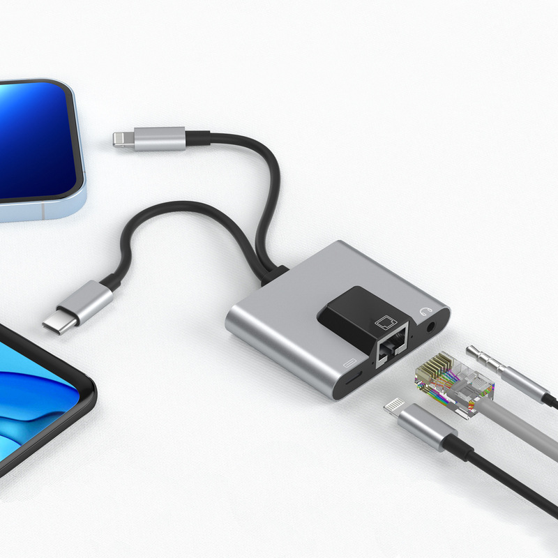 Cross-Border Suitable for Apple Type-C Two-In-One to Rj45 Network Card Converter with Charging + 3.5mm Headphones