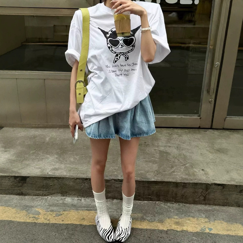Korean Dongdaemun pure cotton summer new fashion loose American-style cartoon cat print short-sleeve T-shirt for women