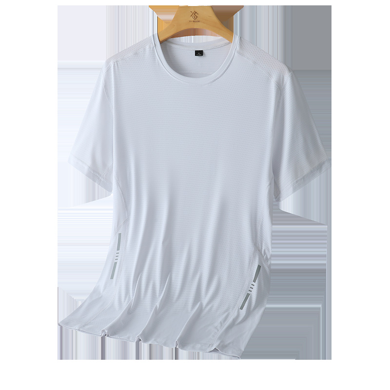 Camiseta de seda helada transfronteriza para hombre, estilo delgado de verano, talla grande, manga corta, ajuste holgado, para correr, deportes, camisa casual de aire acondicionado de manga corta.
