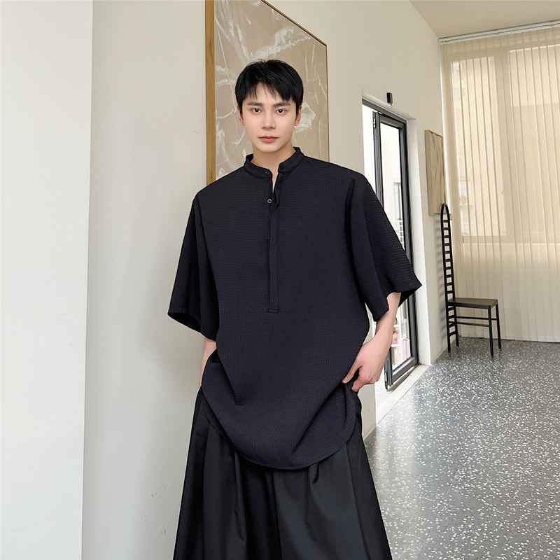 Japanese Designer Style Texture Dark Pattern Loose Profile Half-Sleeve Small Vertical Collar Shirt Men's Mid-Sleeve Shirt Top