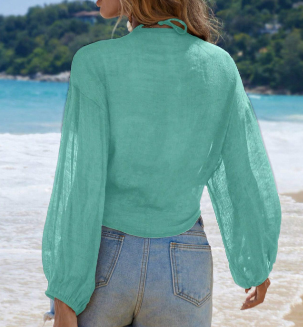 2025 Cover-Up European American Foreign Trade Solid Color Bikini Beach Shirt For Women In Cotton_ecoleips.com