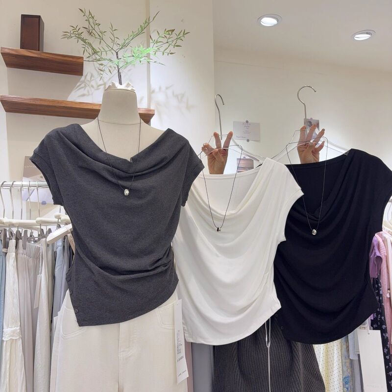 Modal Fashion Swing Collar Short-Sleeved T-Shirt for Women Korean Style New Pleated Waist Slimming Look Design Asymmetrical Top Modal Fashion Swing Collar Short-Sleeved T-Shirt for Women Korean Style New Pleated Waist Slimming Look Design Asymmetrical Top