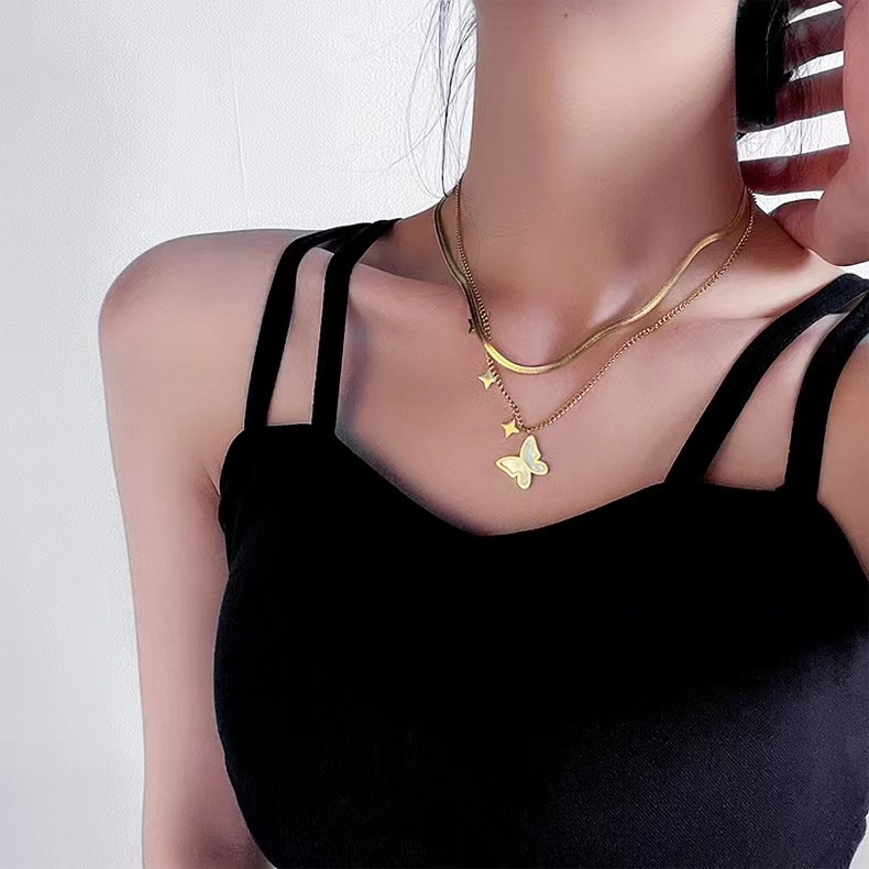 Fashion Butterfly Titanium Steel Plating Shell Layered Necklaces 1 Piece
