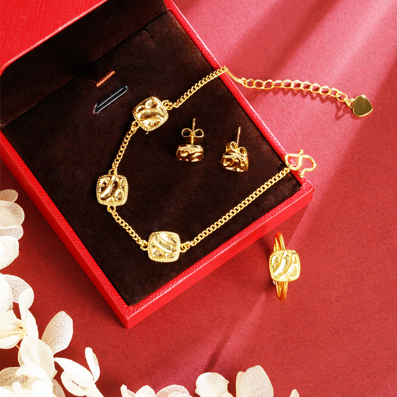 La antigua pulsera de oro de arena francesa de Vietnam no se desvanece durante mucho tiempo, ondas de agua, anillo geométrico cuadrado, pendientes, lujo ligero, joyería simple