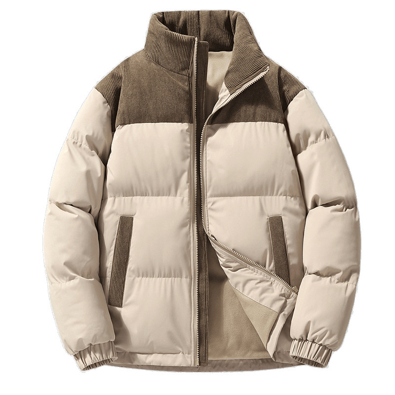 Unisex Winter Puffer Jacket With Detachable Faux Fur Collar – Thickened Polyester Fill, Trendy Color Blocking (S-4XL, Stand Collar, Windproof)_voghion.com