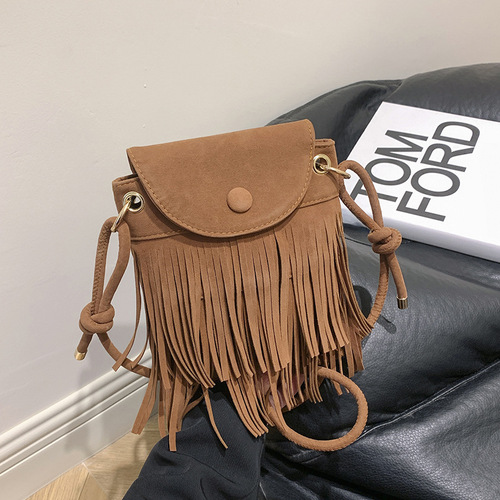  Simple Autumn/Winter Suede Fringe Retro Hong Kong Style Large Capacity Casual Crossbody Shoulder Small Square Women's Bag