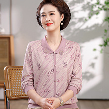 2026新款翻领印花长袖T恤女时尚针织套头上衣中老年女t恤春秋母亲