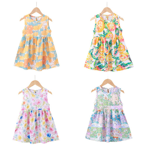 Ladies' Summer New Rayon Dress with Floral Print Princess V-Neck Dress, Korean Style Girls' Skirts for Kids