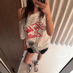 F383 アメリカンレトロホットガール水玉模様ワンショルダー斜め肩半袖スリム万能Tシャツレディースショートトップストレンド
