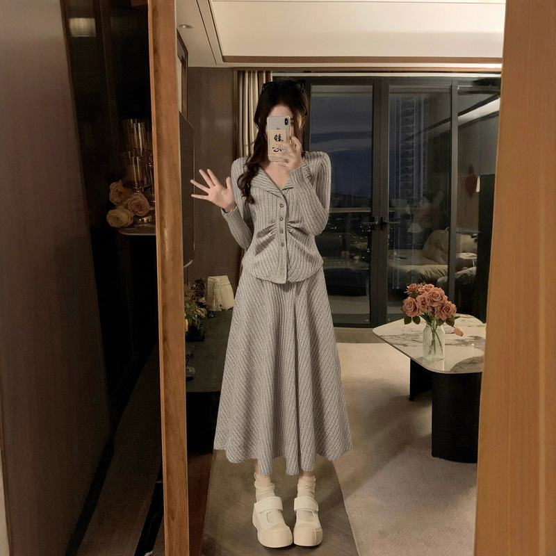 大码女装胖mm新款韩系穿搭显瘦上衣+中长款半身裙两件套|undefined