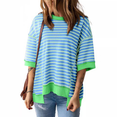 時穎の夏の新型のストライプは色の半袖のtシャツの女性の2024欧米のカジュアルでゆったりしているoversizeのプルオーバーをつづり合わせます。
