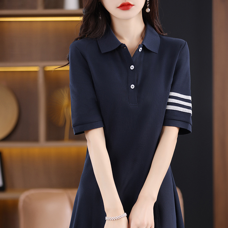 Summer New Polo Collar Cotton Short-Sleeved Dress Women's Three-Stripe Slim Lapel Mid-Length A-Line Skirt Women's Generation