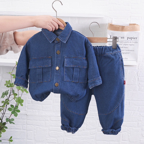 Boys 1-5 years old spring denim suit children's clothing handsome children solid color lapel denim jacket two-piece set