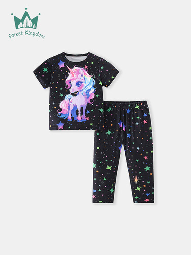 Children's Short Sleeve Long Pants Set Summer 2025 New Cartoon Unicorn Two-Piece Set for Young Girls, Medium-Sized Children Clothing