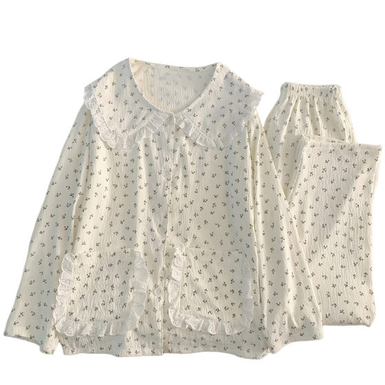 French sweet doll collar cloud cotton long sleeve pajamas women's spring and autumn simple small cherry home clothes real shot wholesale
