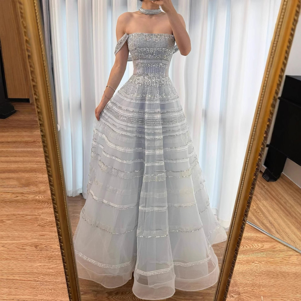 Foreign Trade Blue One-Shoulder A-Line Dress Women's Banquet Evening Long Dress Beaded Long Evening Dress La73079