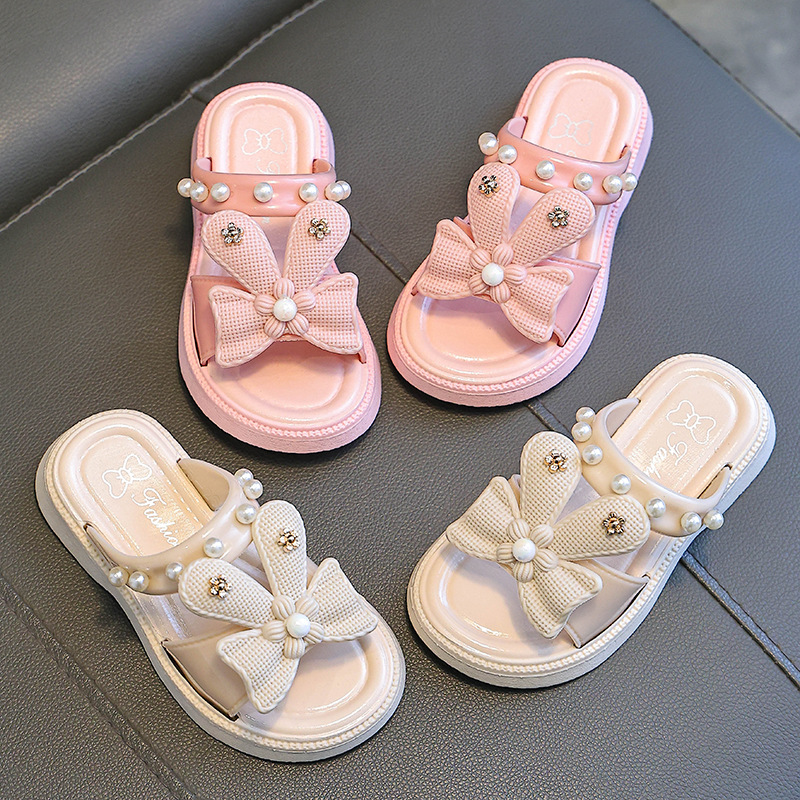 Zapatillas para niños verano Internet celebridad dibujos animados lindo antideslizante suave Fondo niños princesa arco perla cadena zapatillas